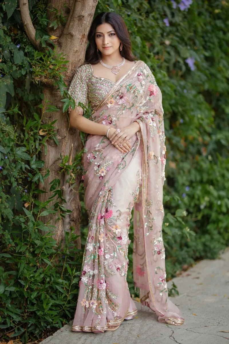 Peach pink organza designer saree